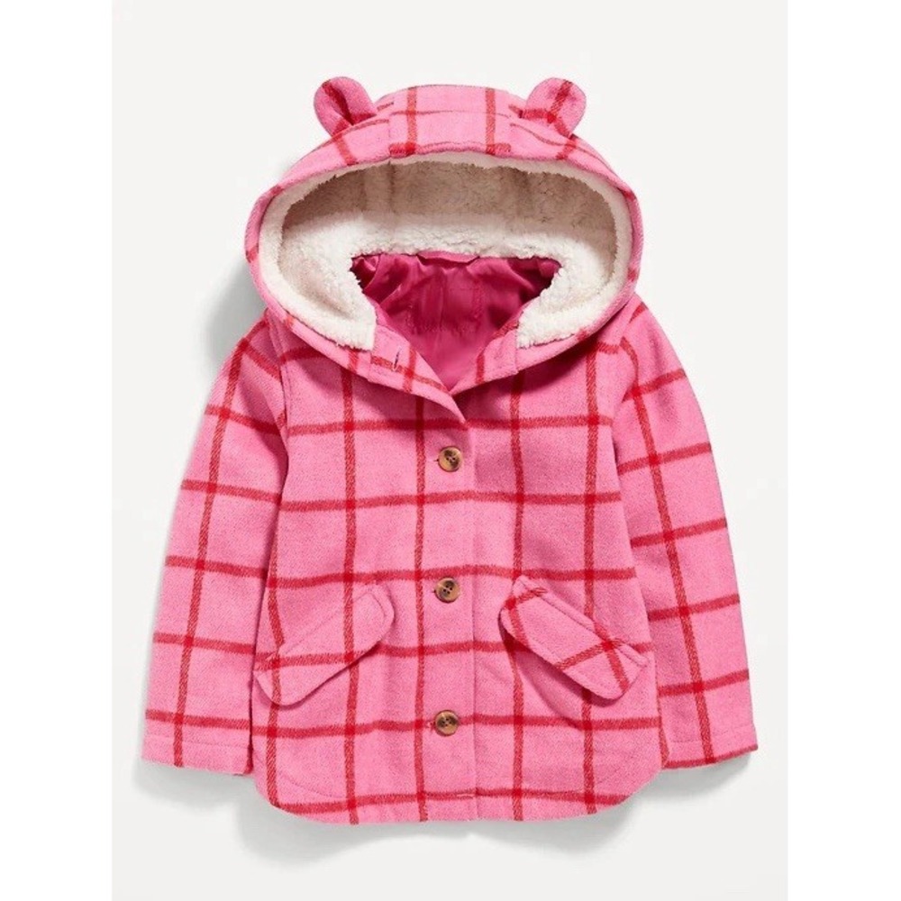 ✨ Old Navy Plaid Button-Front Critter Hooded Coat Toddler Size 3T Pink Plaid